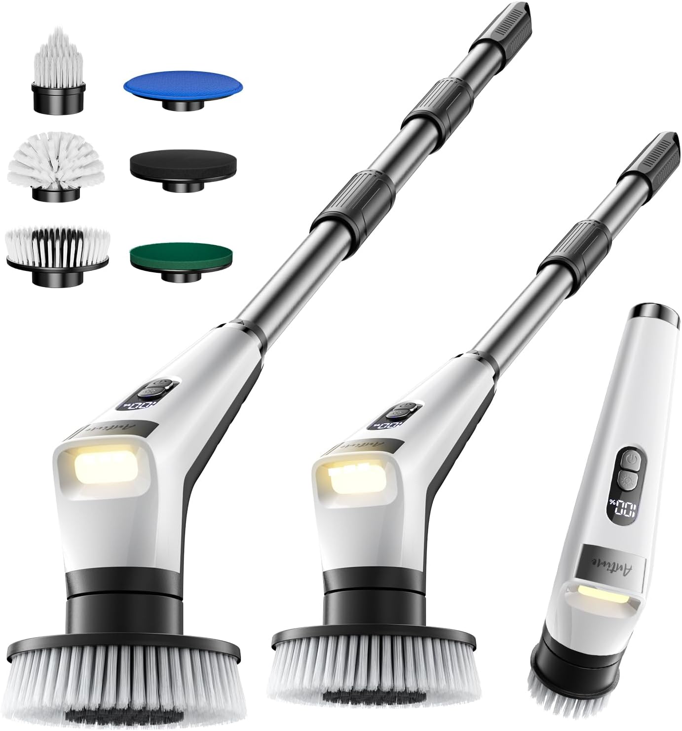 Electric Spin Scrubber with LED Light, Cleaning Brush with LCD Display, 5 Replaceable Brush Heads, Shower Scrubber with 25kg Torque, 90min Runtime for Bathroom, Kitchen, Tile