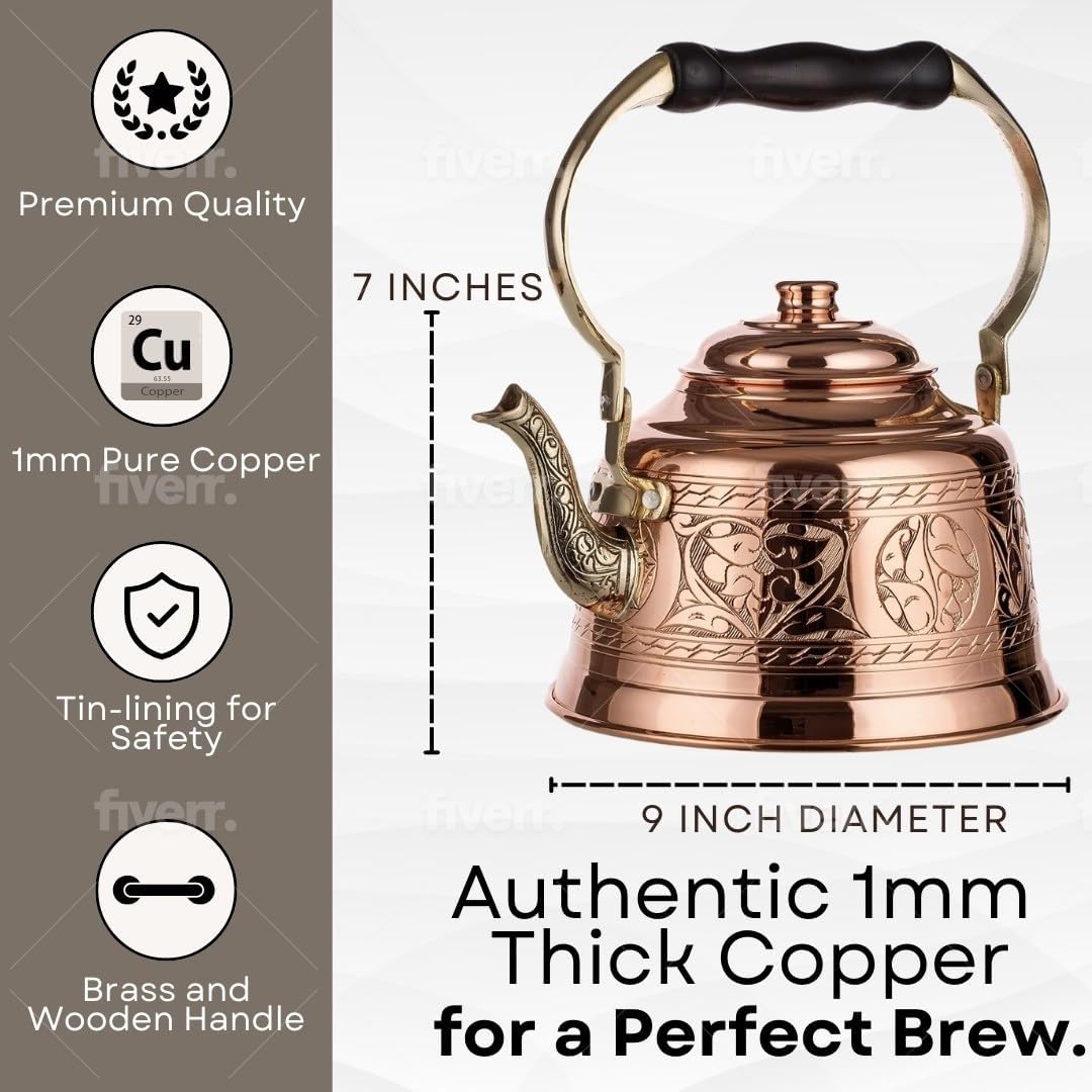 DEMMEX Tea Lover's Copper Teapot, Heavy Gauge 1mm Thick Hammered Solid Copper, Copper Tea Pot Kettle Stovetop Teapot, Tin Lined, Handmade (1.6-Quarts)