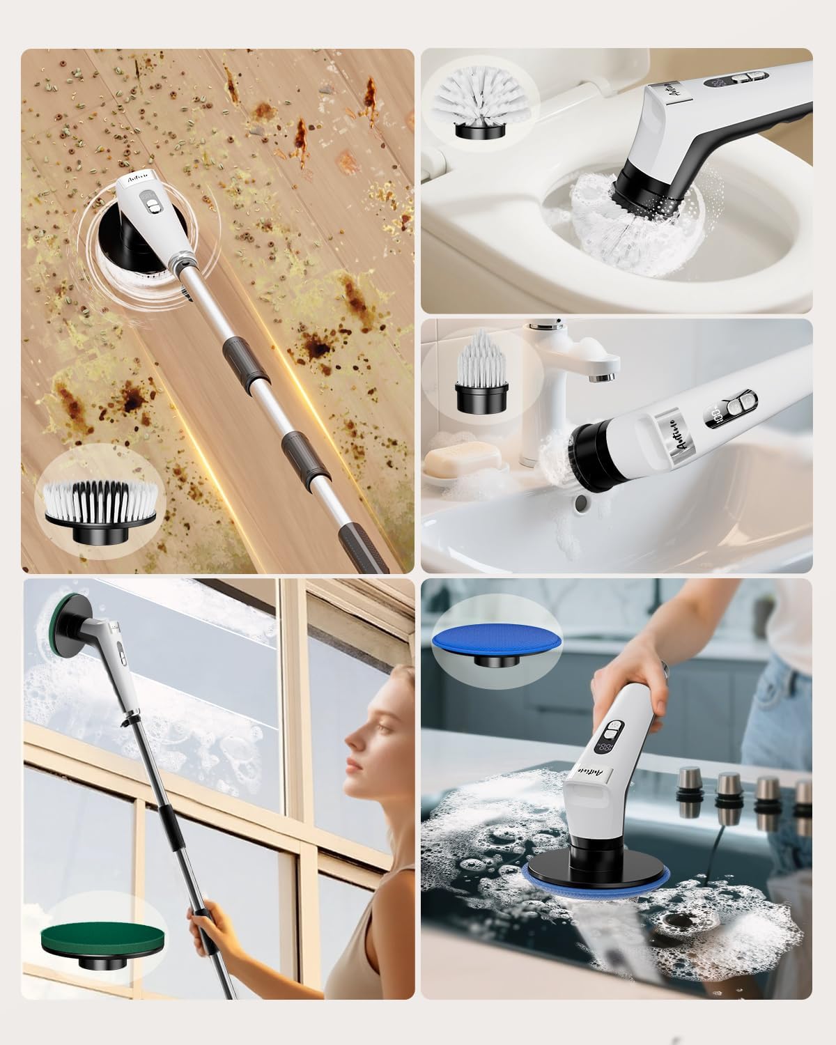 Electric Spin Scrubber with LED Light, Cleaning Brush with LCD Display, 5 Replaceable Brush Heads, Shower Scrubber with 25kg Torque, 90min Runtime for Bathroom, Kitchen, Tile