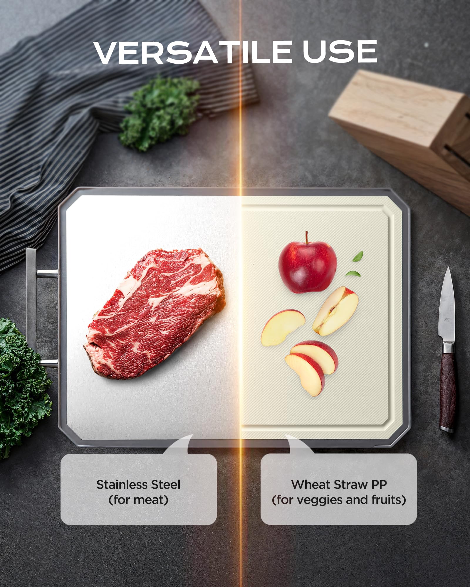 Double-Sided Stainless Steel Cutting Board – Large 16x11 Inch Non-Toxic Chopping Board for Meat, Vegetables & Fruit, Wheat Straw + Steel, Dishwasher Safe Kitchen Board