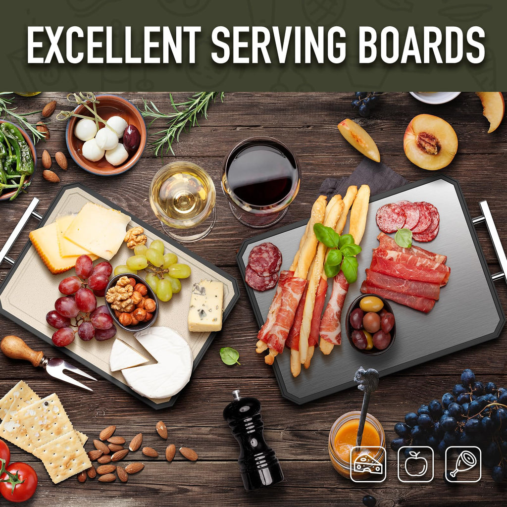 Double-Sided Stainless Steel Cutting Board – Large 16x11 Inch Non-Toxic Chopping Board for Meat, Vegetables & Fruit, Wheat Straw + Steel, Dishwasher Safe Kitchen Board