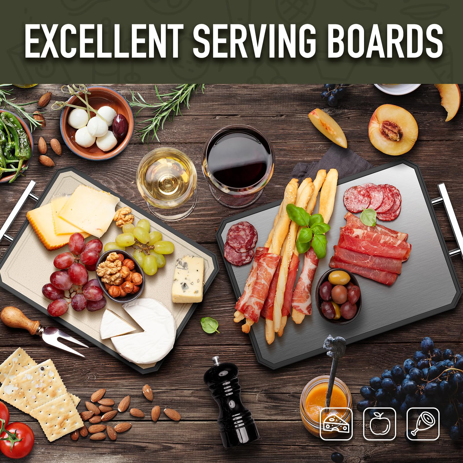 Double-Sided Stainless Steel Cutting Board – Large 16x11 Inch Non-Toxic Chopping Board for Meat, Vegetables & Fruit, Wheat Straw + Steel, Dishwasher Safe Kitchen Board