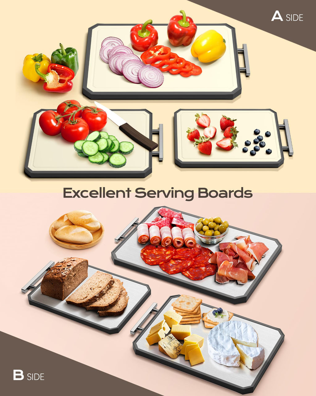 Double-Sided Stainless Steel Cutting Board – Large 16x11 Inch Non-Toxic Chopping Board for Meat, Vegetables & Fruit, Wheat Straw + Steel, Dishwasher Safe Kitchen Board
