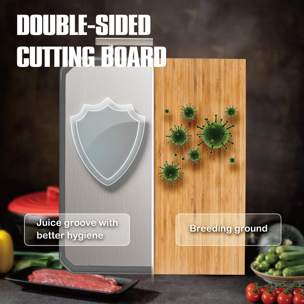 Double-Sided Stainless Steel Cutting Board – Large 16x11 Inch Non-Toxic Chopping Board for Meat, Vegetables & Fruit, Wheat Straw + Steel, Dishwasher Safe Kitchen Board