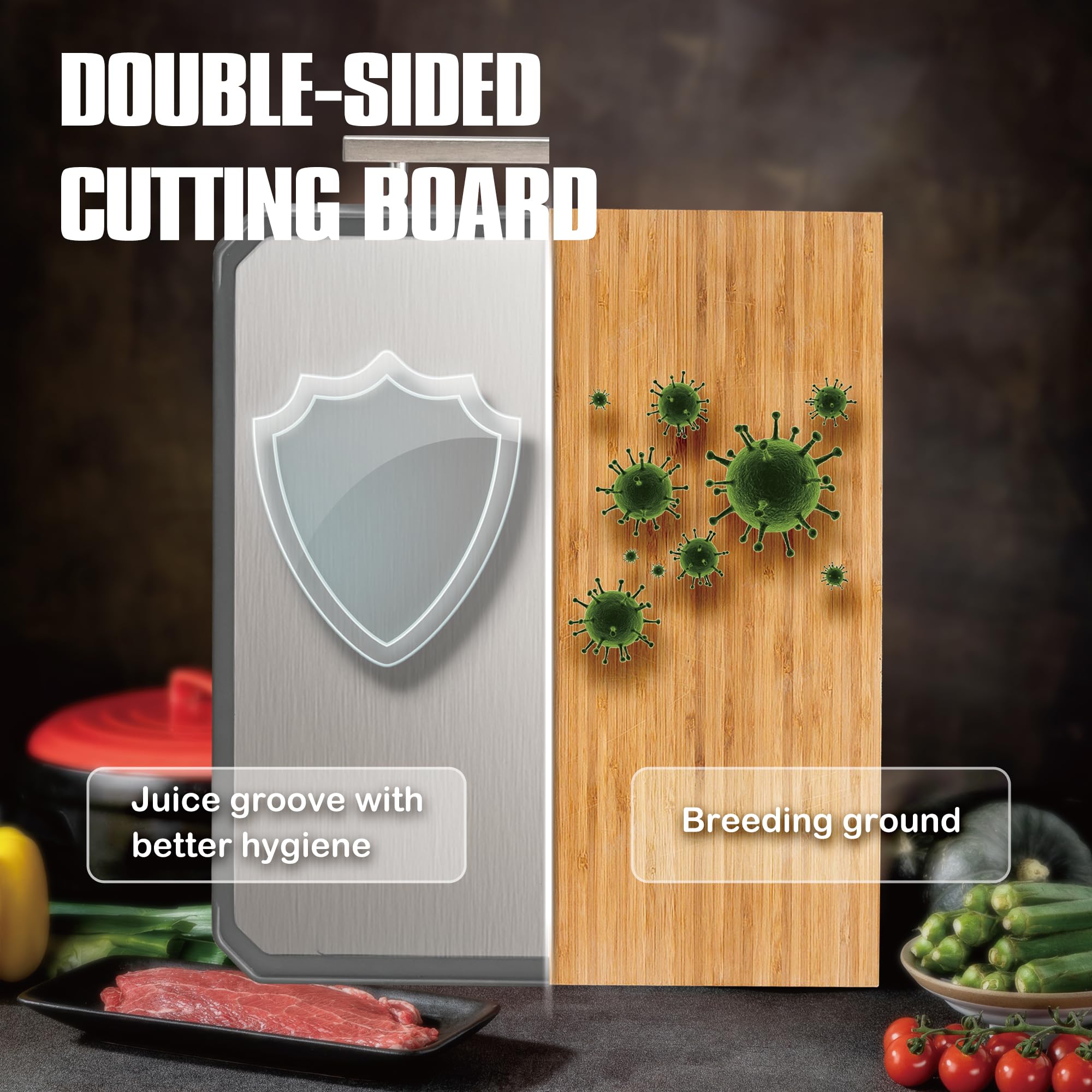 Double-Sided Stainless Steel Cutting Board – Large 16x11 Inch Non-Toxic Chopping Board for Meat, Vegetables & Fruit, Wheat Straw + Steel, Dishwasher Safe Kitchen Board