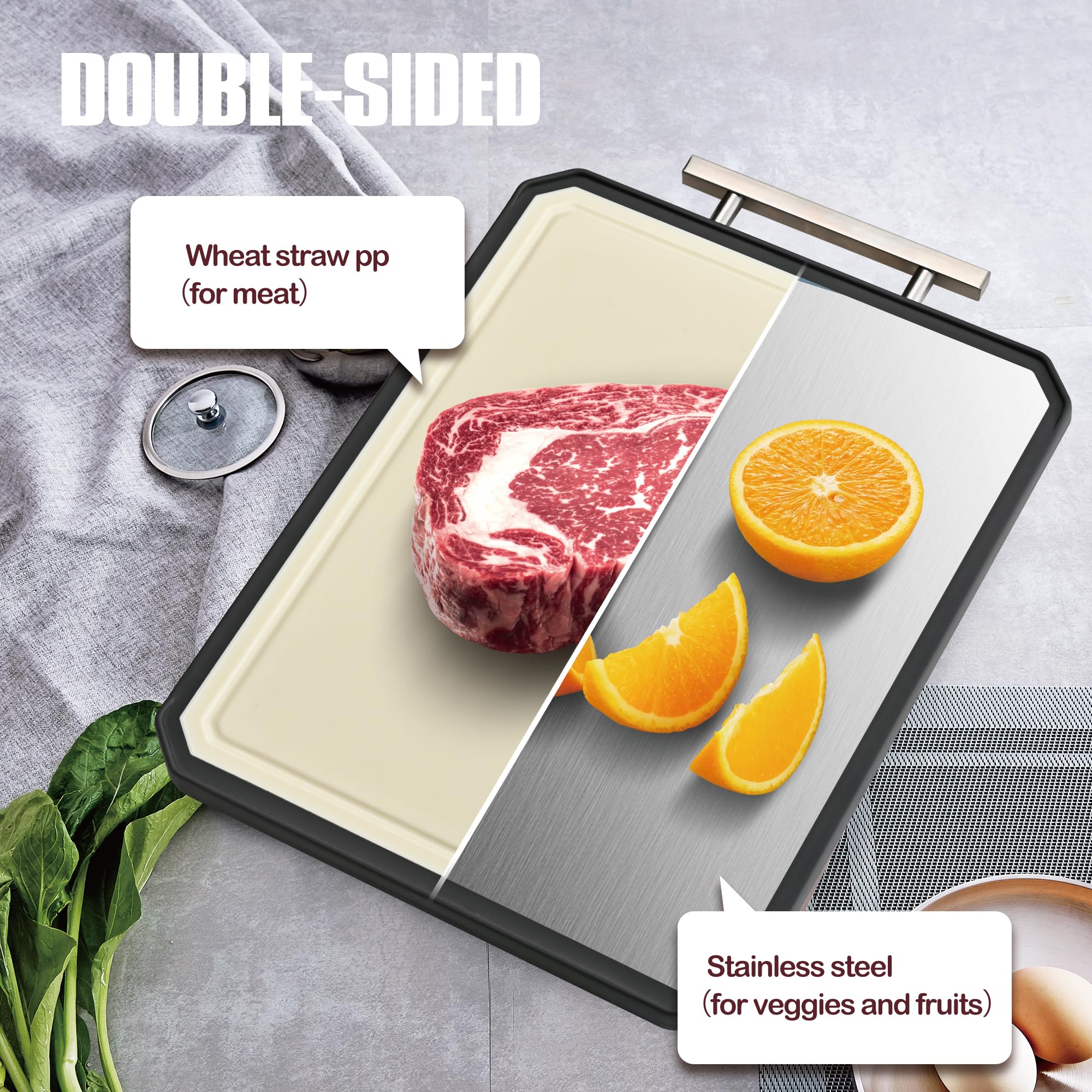 Double-Sided Stainless Steel Cutting Board – Large 16x11 Inch Non-Toxic Chopping Board for Meat, Vegetables & Fruit, Wheat Straw + Steel, Dishwasher Safe Kitchen Board